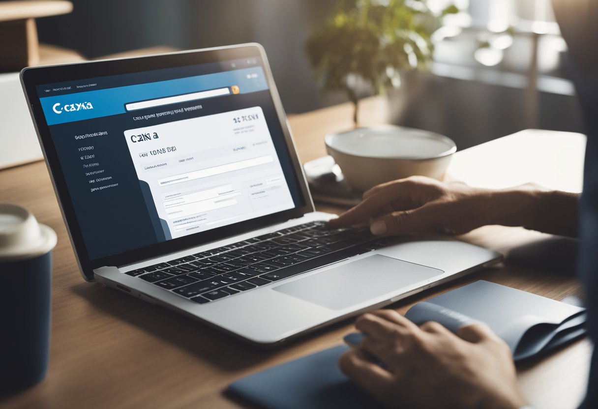 Uma pessoa sentada em uma mesa com um computador, abrindo um navegador e navegando até o site da Caixa Econômica para atualizar um boleto.