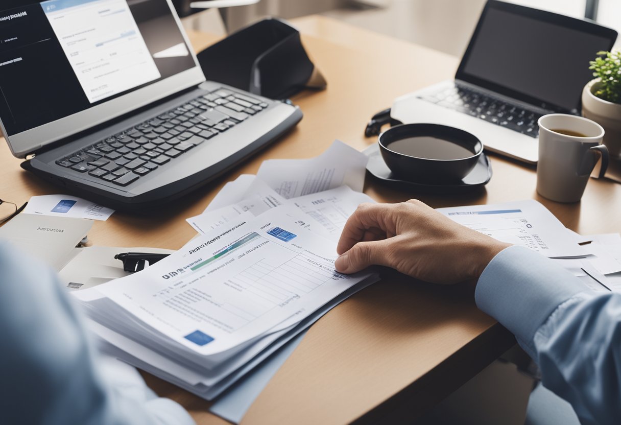 Uma pessoa em uma mesa com um computador, recebendo um boleto e usando um site bancário para atualizá-lo