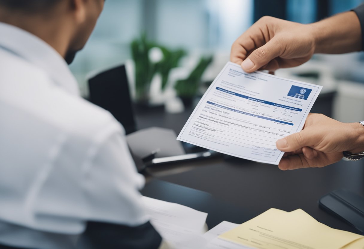 Uma pessoa em um escritório do governo, entregando documentos para atualizar sua certidão de nascimento