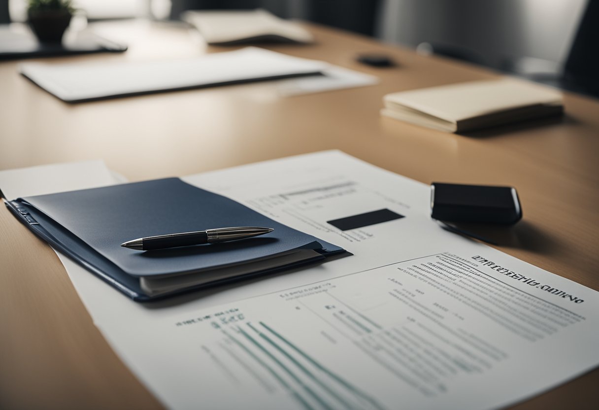 Uma mesa com uma caneta, papel e documentos oficiais espalhados sobre a superfície