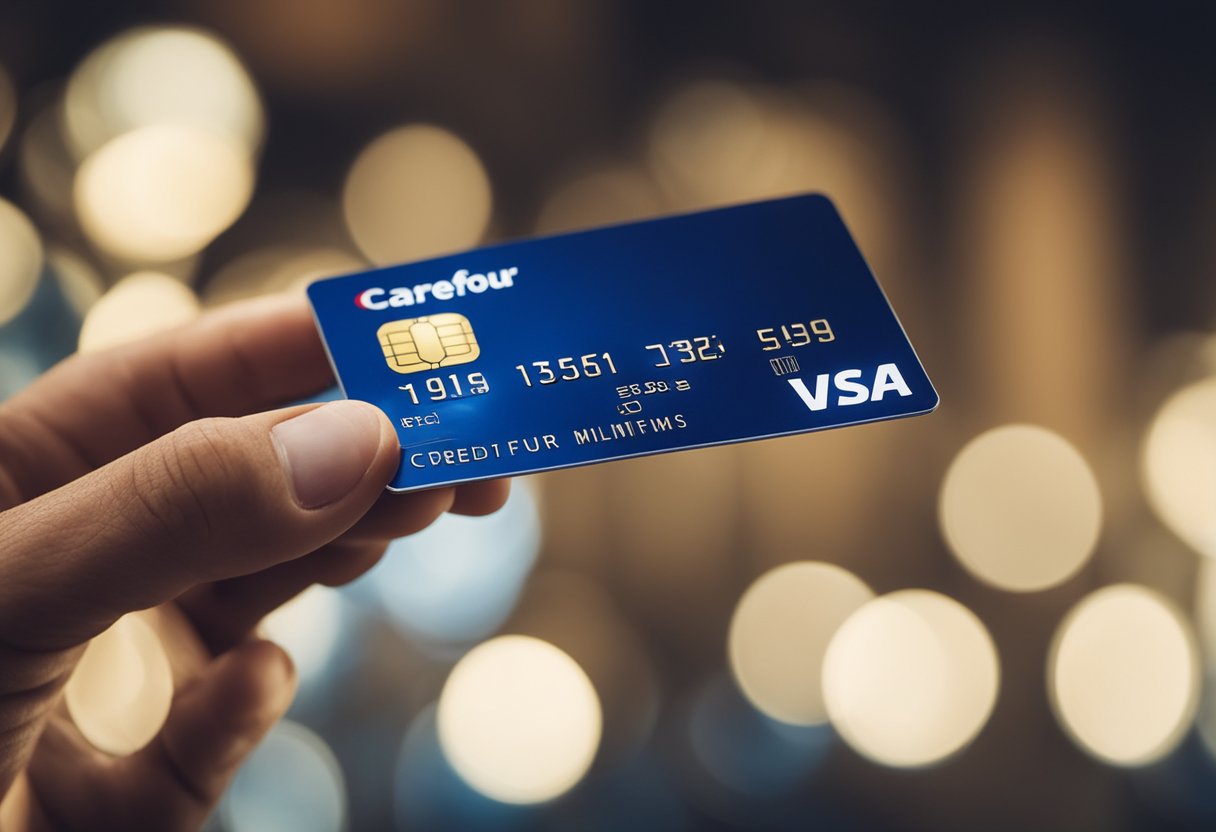 Uma mão segurando um cartão de crédito Carrefour enquanto um número no limite do cartão aumenta