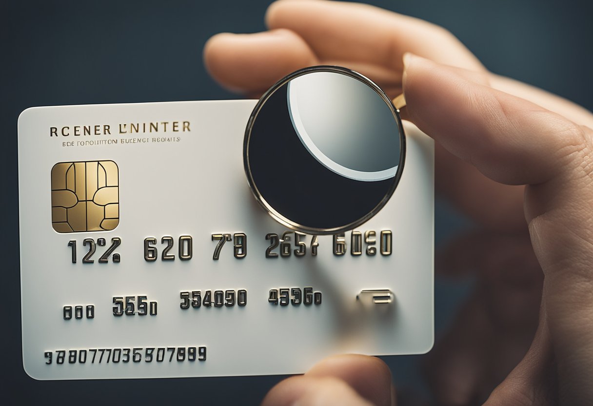 Uma mão segurando um cartão de crédito Renner com uma lupa ampliando o número do limite de crédito