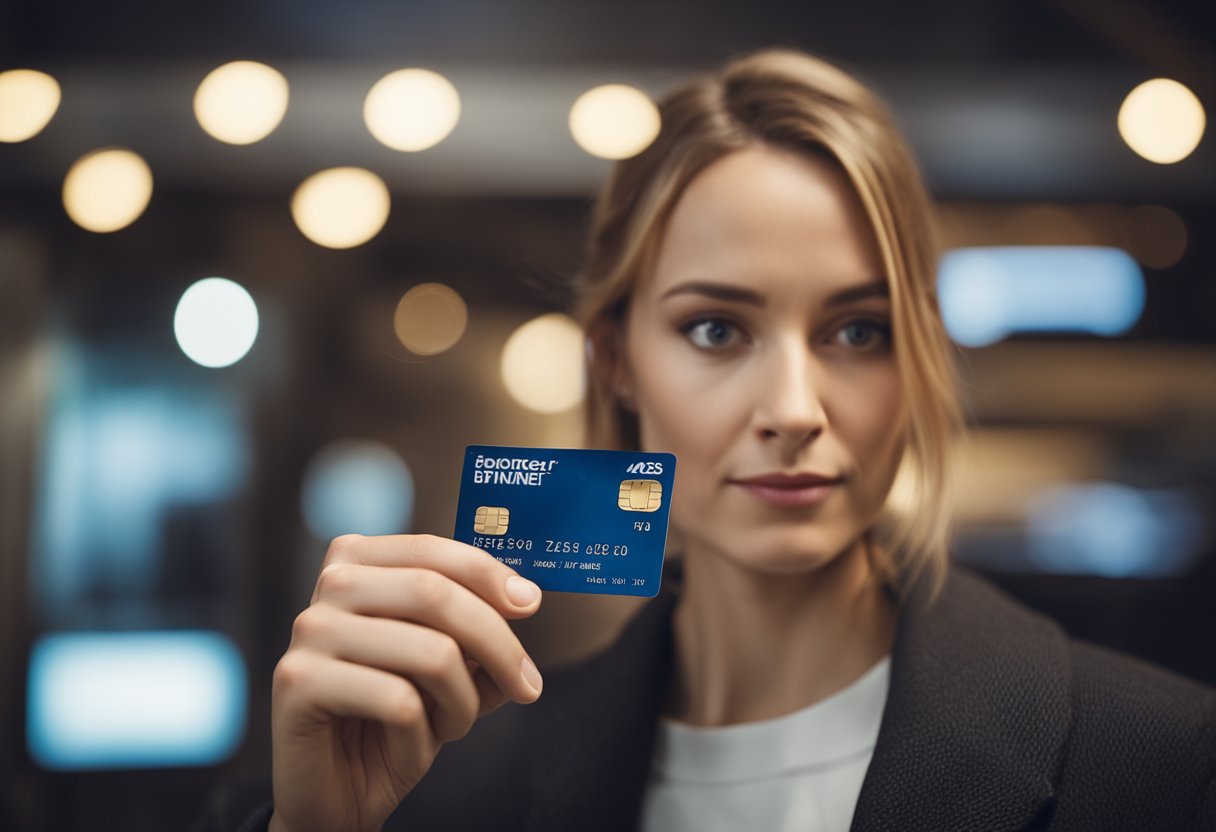 Uma pessoa usando um cartão de crédito Renner com uma expressão pensativa, enquanto olha para seu limite atual e considera um aumento.