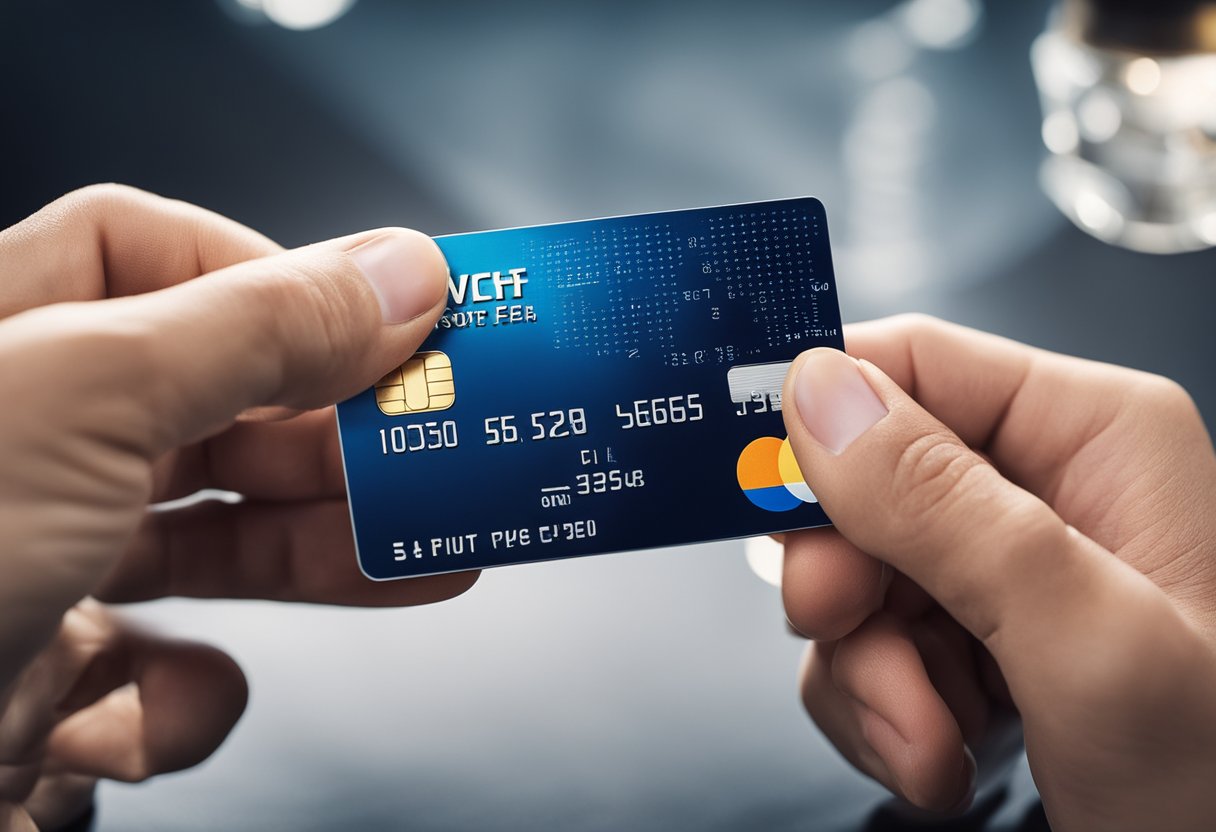 Uma mão segurando um cartão de crédito com uma lupa ampliando o número do limite de crédito