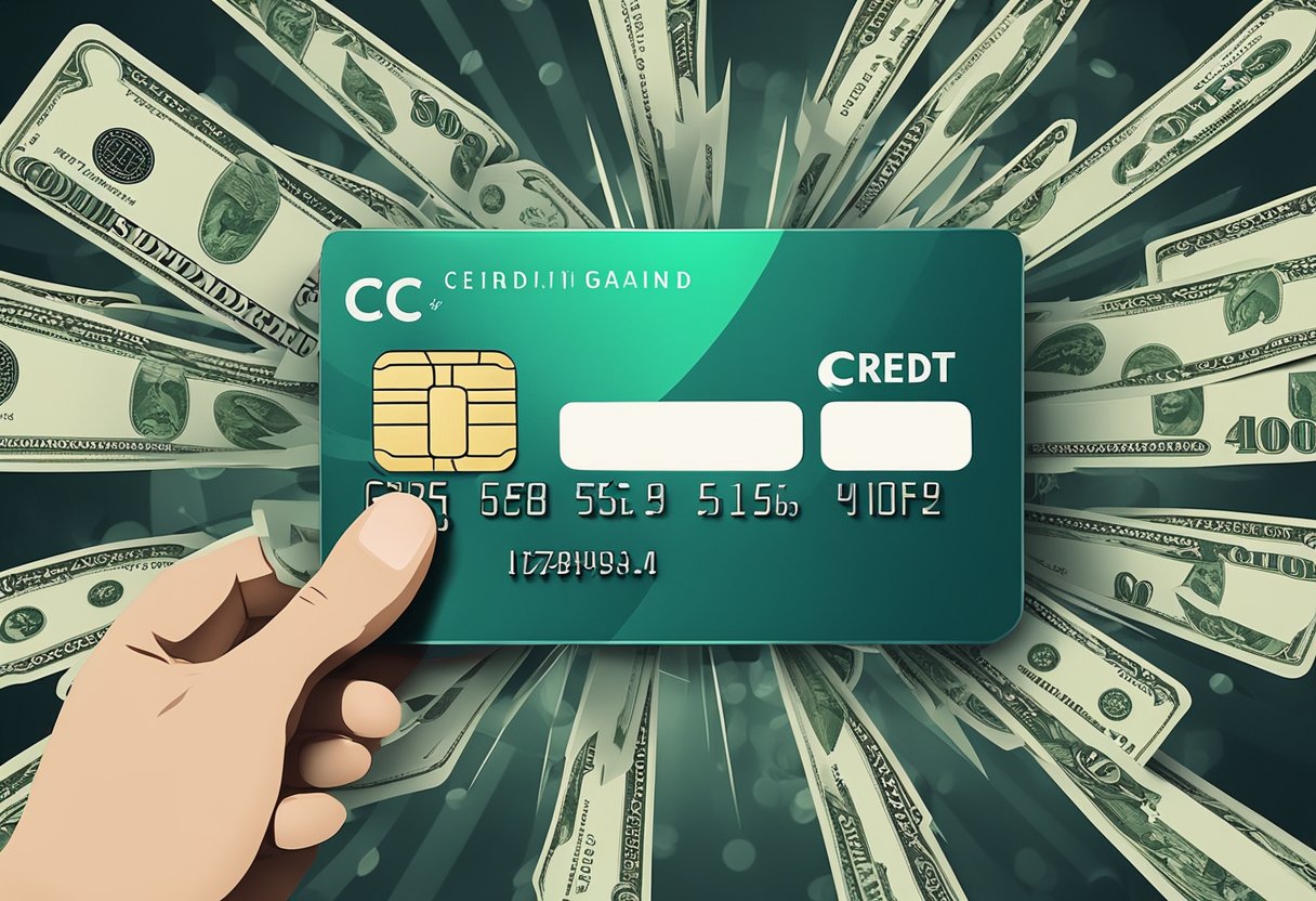 Uma mão segurando um cartão de crédito com o logo do C6, cercada por setas apontando para cima e símbolos de dólar, simbolizando aumento de limite de crédito e sucesso financeiro.