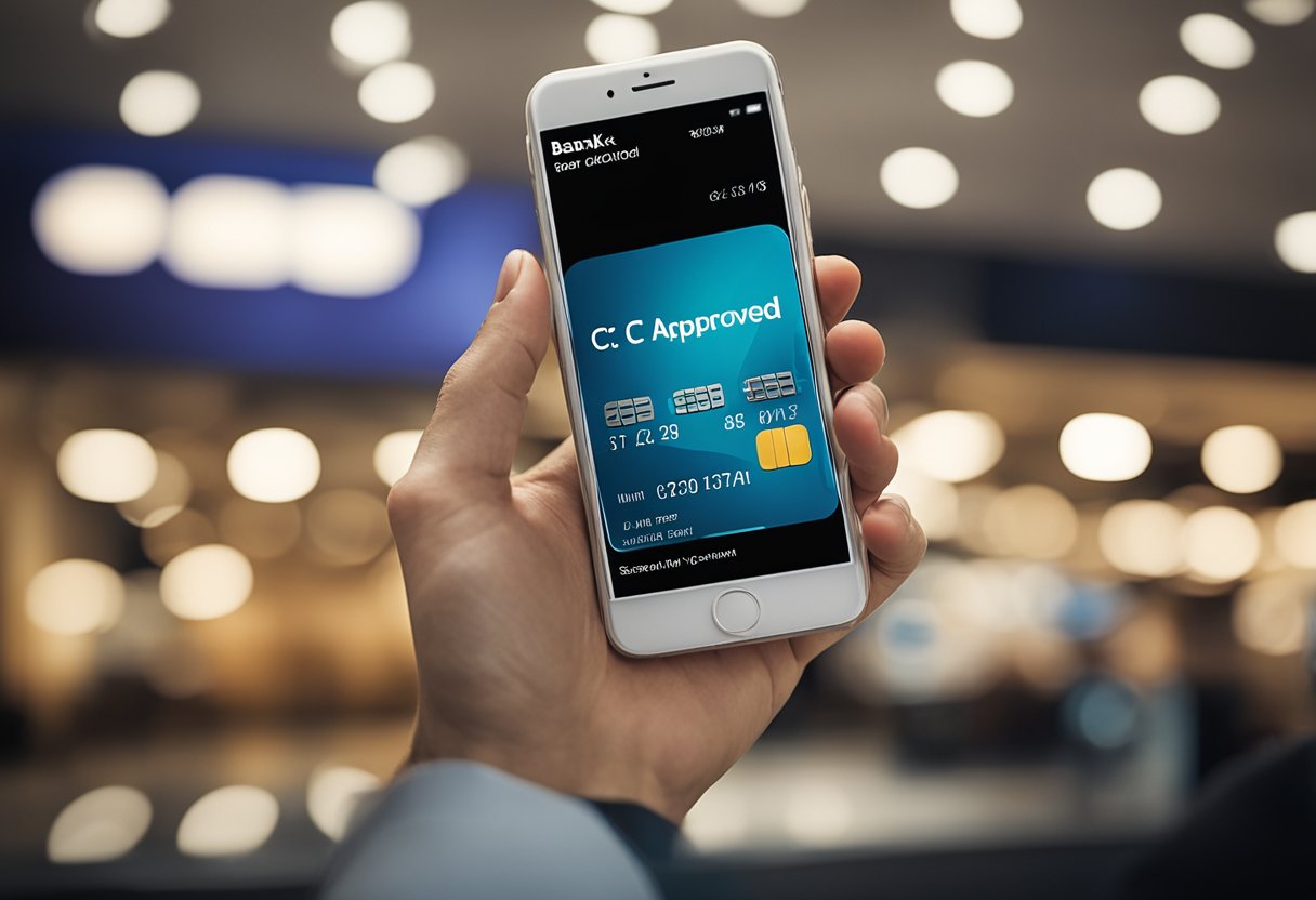 Uma mão segurando um cartão de crédito do C6 Bank com uma notificação de "limite aumentado aprovado" na tela de um smartphone