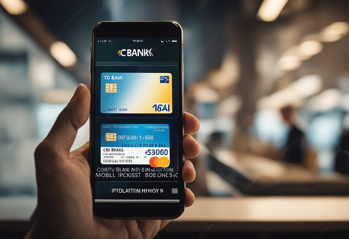 Uma mão segurando um cartão do C6 Bank com uma notificação de "aumento de limite" na tela de um celular