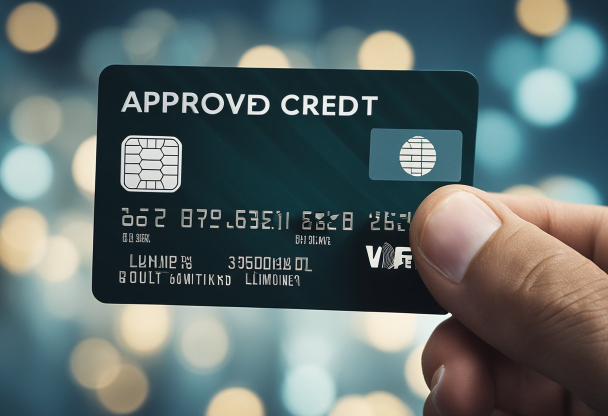 Uma mão segurando um cartão de crédito do C6 Bank com uma lista de verificação de "Requisitos para Aumento de Limite" e um carimbo de "Aprovado" ao lado.