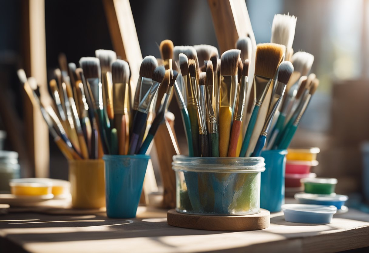 Uma paleta colorida de pincéis, tubos de tinta e uma tela em branco dispostos em um cavalete de madeira em um estúdio iluminado pelo sol