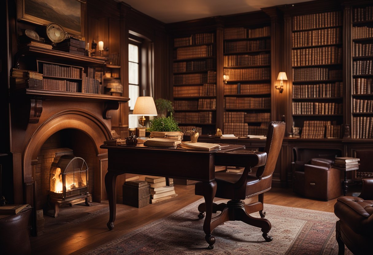 Um escritório aconchegante com uma mesa vintage, poltrona de couro e uma lareira crepitante, cercado por estantes cheias de livros antigos e objetos de decoração antigos.