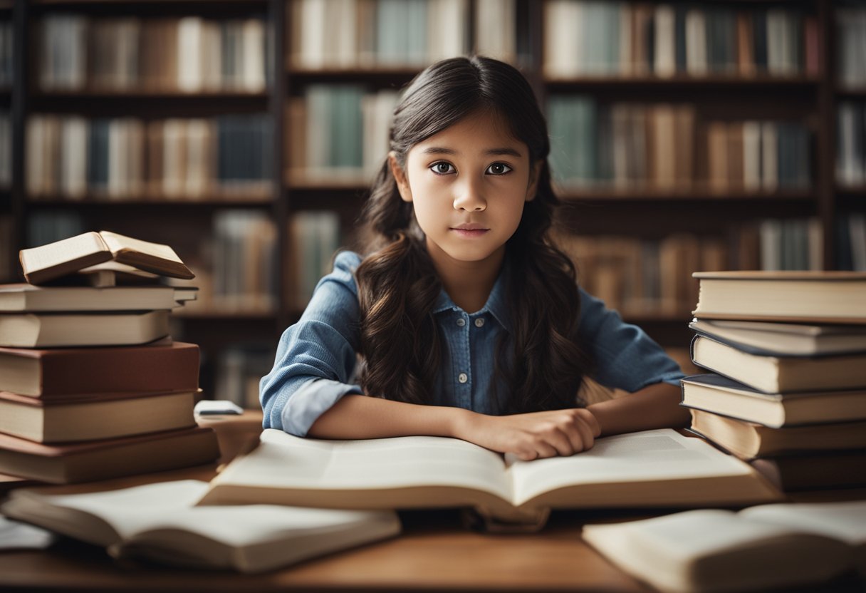 A vida e a educação de Maria Julia: uma jovem estudando em uma mesa, cercada por livros e materiais de aprendizado, com uma expressão determinada no rosto.