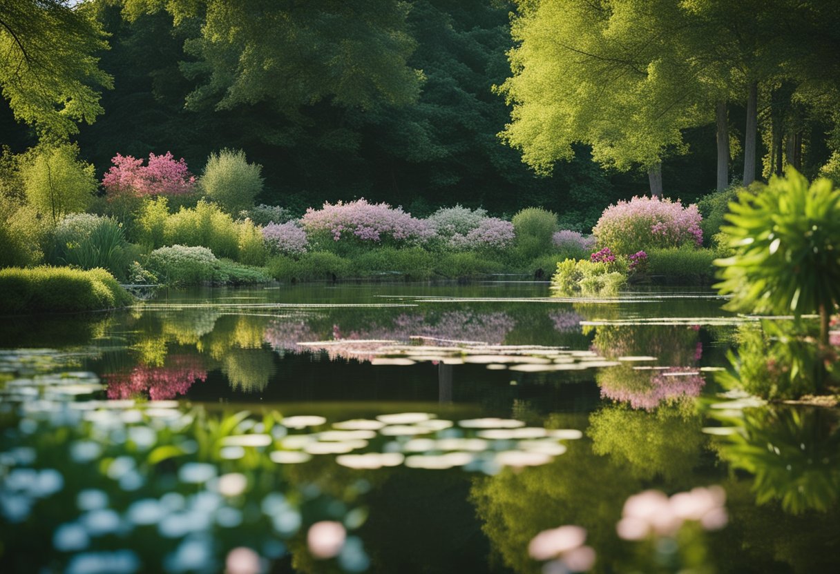 Um jardim tranquilo com flores florescendo e um lago sereno, cercado por árvores altas e um céu azul claro.