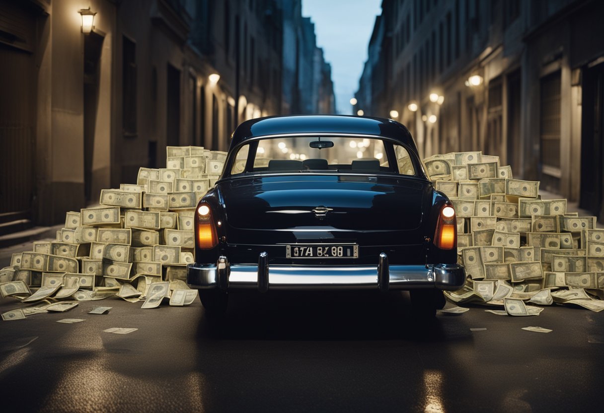 Um carro passando por um beco escuro com pilhas de dinheiro e uma maleta dentro