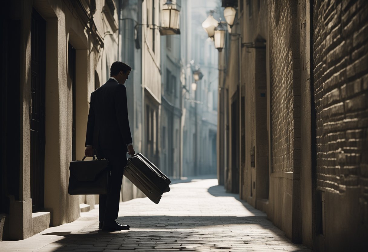 Uma figura sombria se esgueira por um beco escuro, trocando uma maleta por um monte de dinheiro com um personagem suspeito.