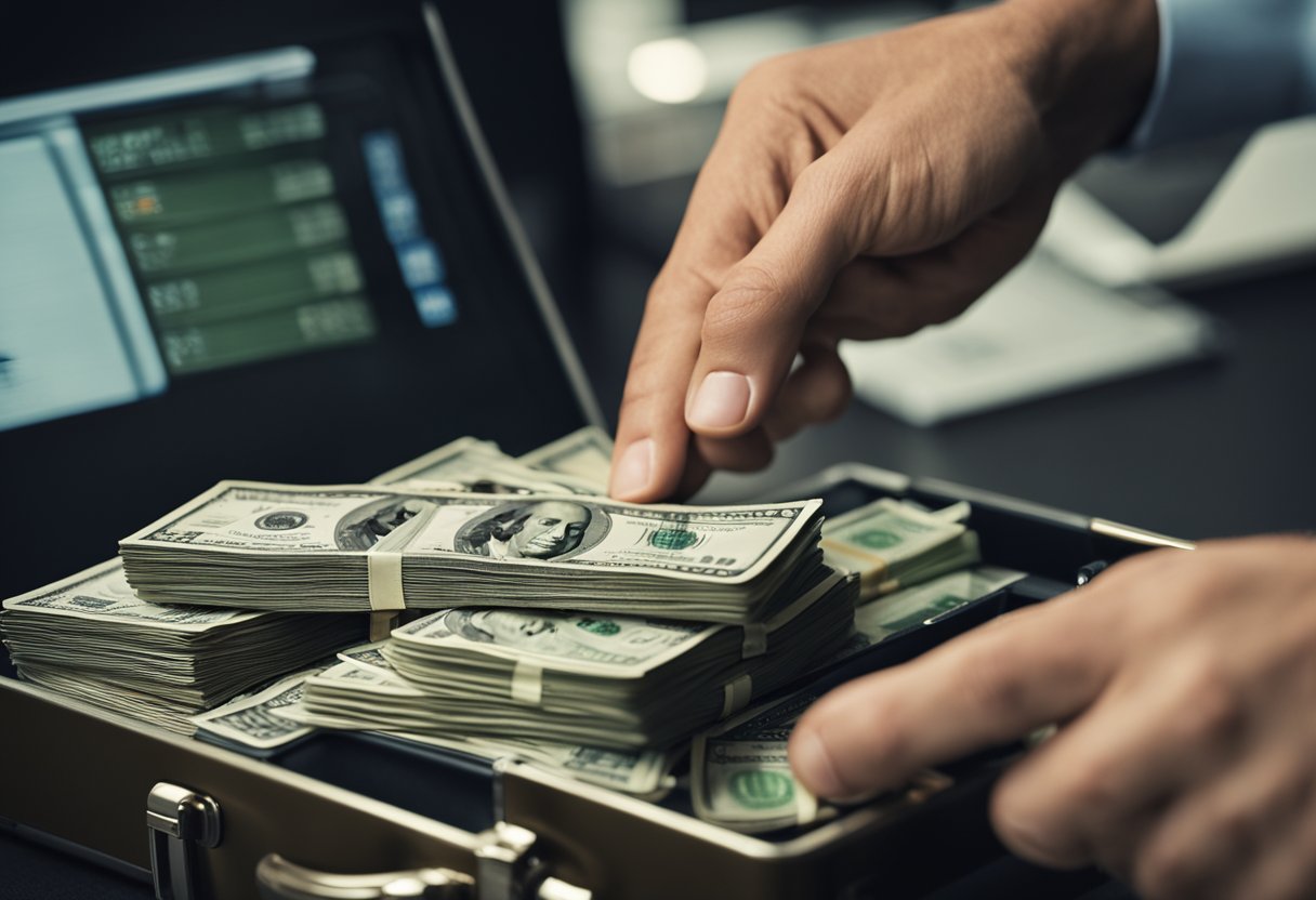 Uma figura sombria deposita dinheiro em uma maleta enquanto olha nervosamente por cima do ombro. Perto dali, uma pilha de dinheiro está ao lado de um computador exibindo dados financeiros.