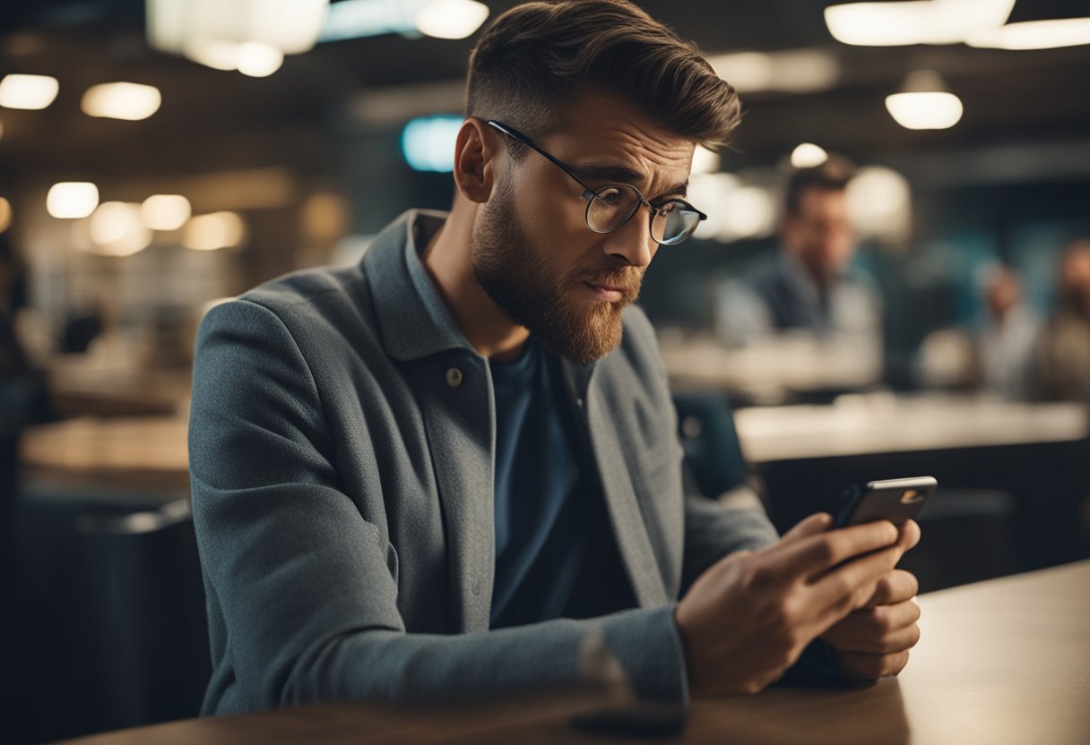 Uma pessoa frustrada olhando para o telefone com uma expressão perplexa enquanto tenta acessar sua conta de assistência financeira bloqueada.