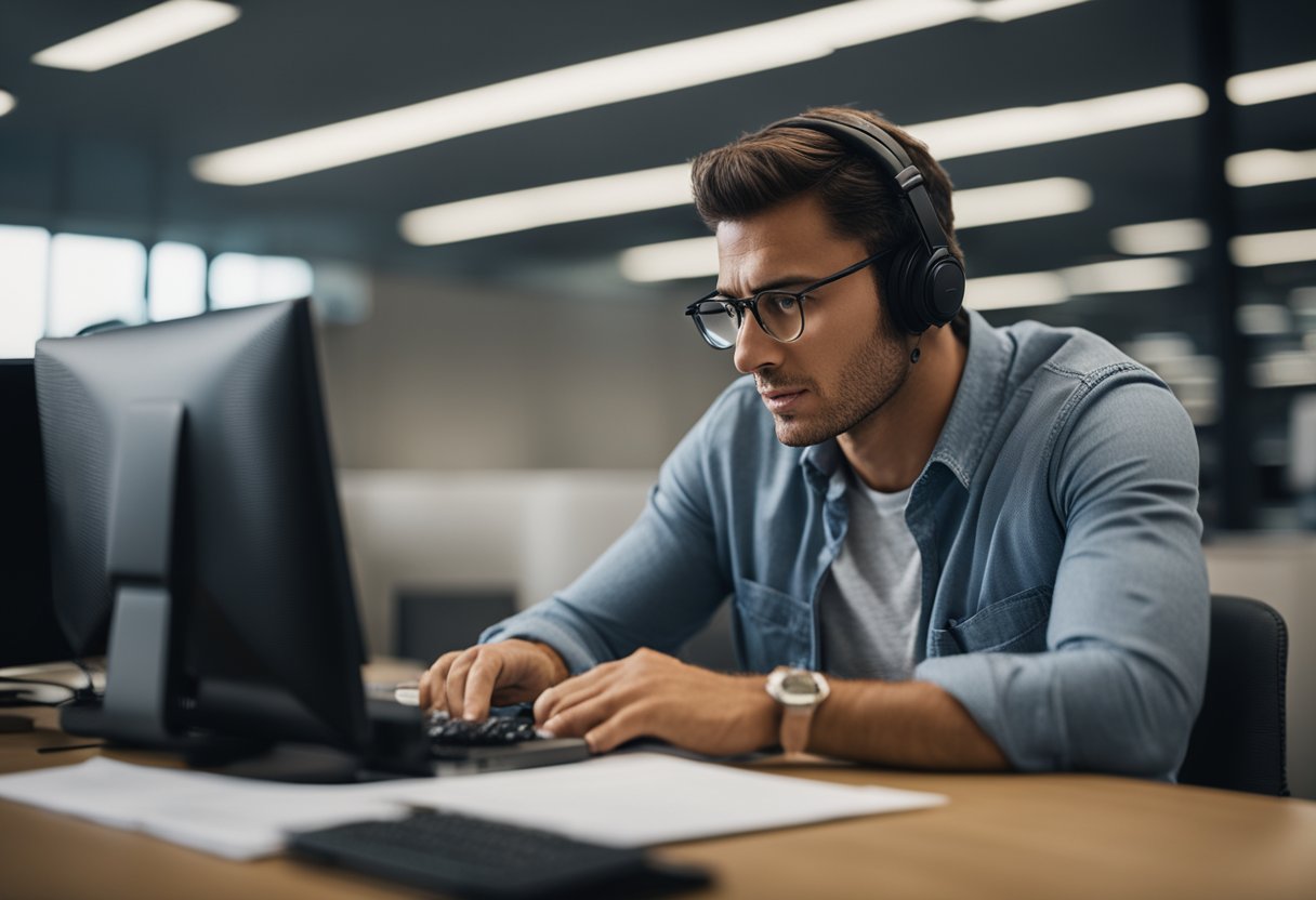 Uma pessoa sentada em uma mesa com um computador, parecendo frustrada enquanto tenta acessar o programa de assistência brasileiro cancelado.