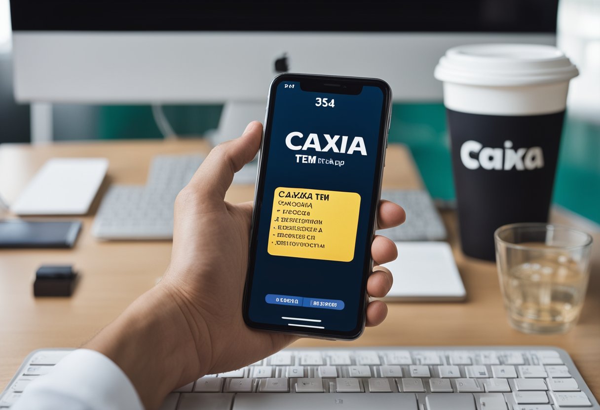 Uma pessoa no Brasil lutando com seu telefone, enquanto uma tela de computador com o aplicativo "Caixa Tem" exibe uma mensagem de erro.