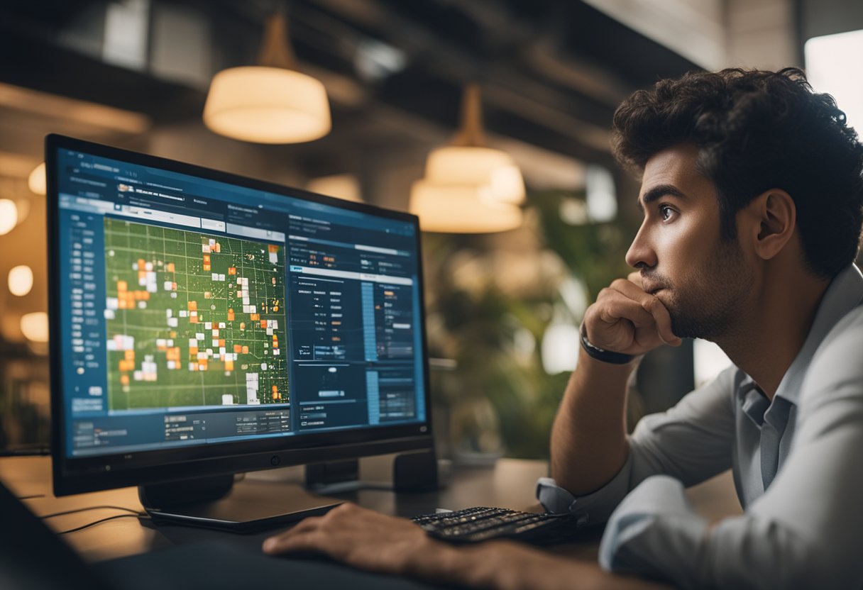 Uma pessoa olhando para a tela do computador com uma expressão perplexa, tentando encontrar o Auxílio Brasil, mas não conseguindo localizá-lo no aplicativo Caixa Tem.