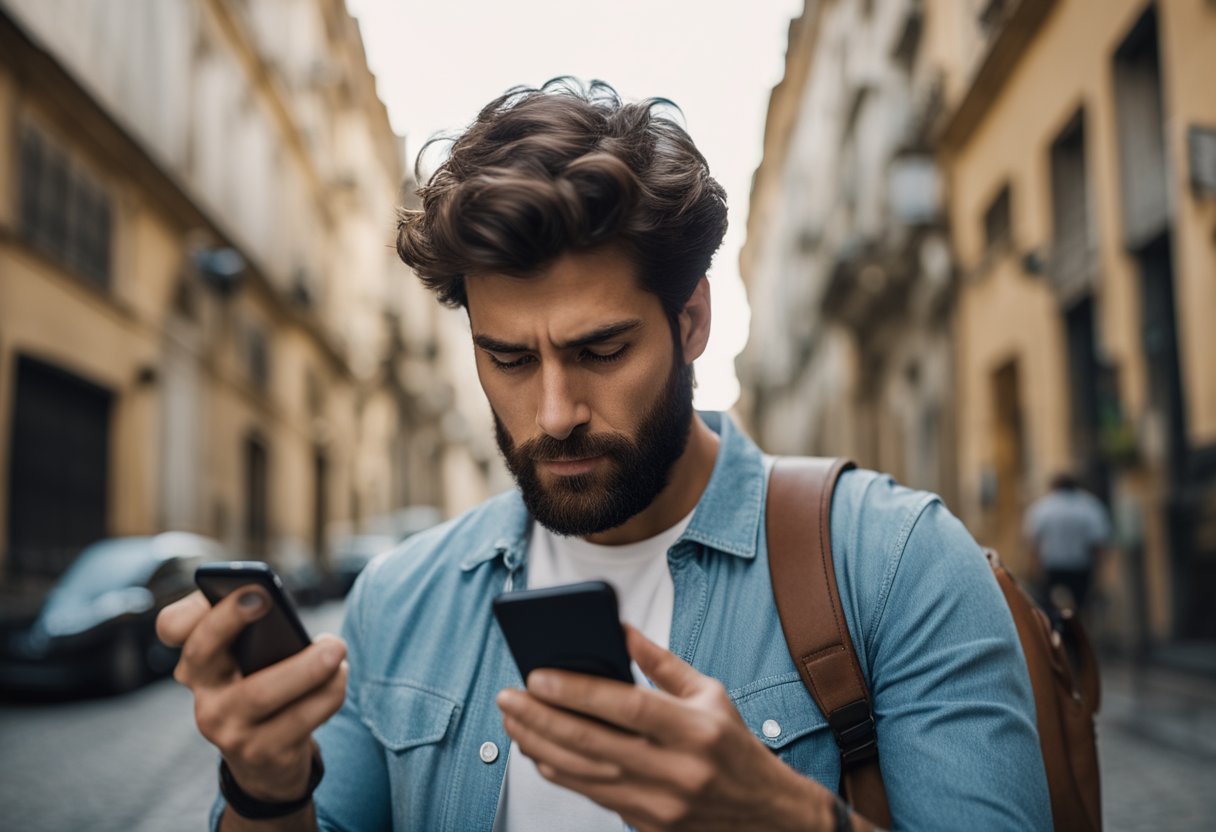 Uma pessoa frustrada olha para um smartphone com o aplicativo Caixa Tem aberto, procurando a opção Auxílio Brasil, mas não consegue encontrá-la.