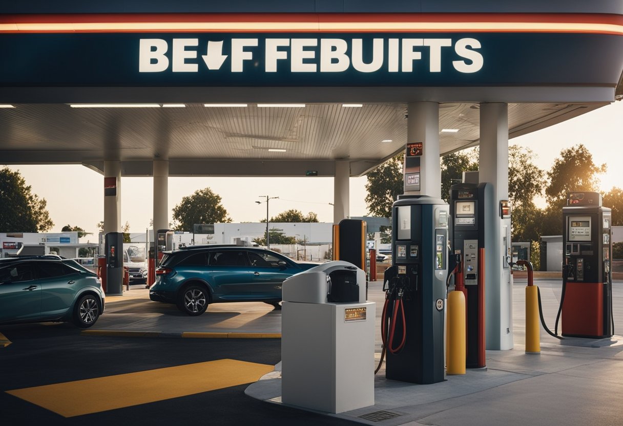 Um posto de gasolina com uma placa exibindo instruções para se inscrever e receber benefícios