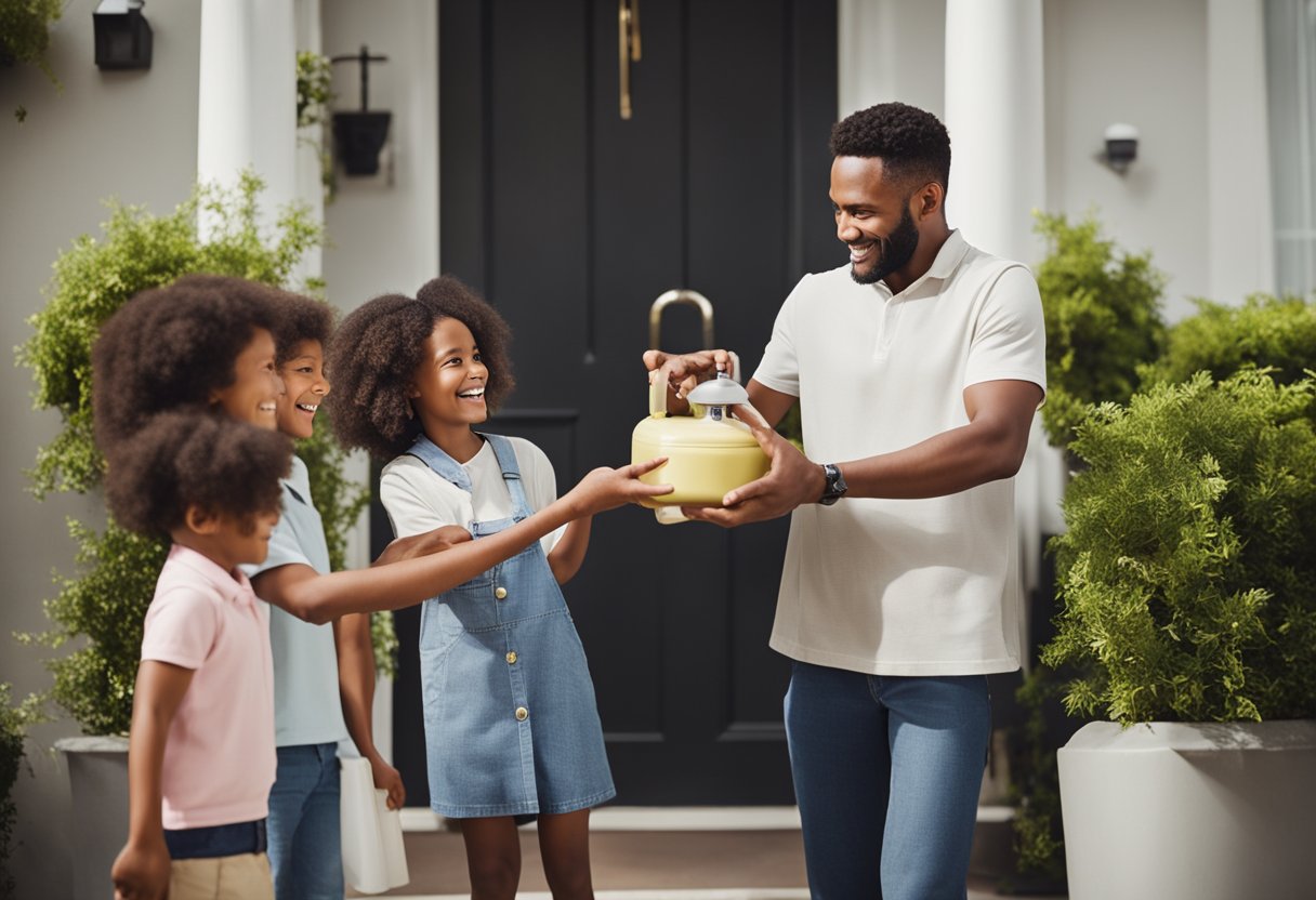 Uma família recebendo um cilindro de gás na porta de casa de um entregador
