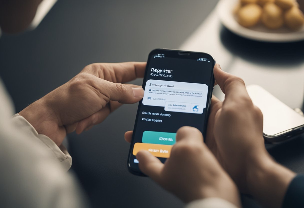 Uma pessoa usando um smartphone para se registrar para assistência com um valor visível de R$1200