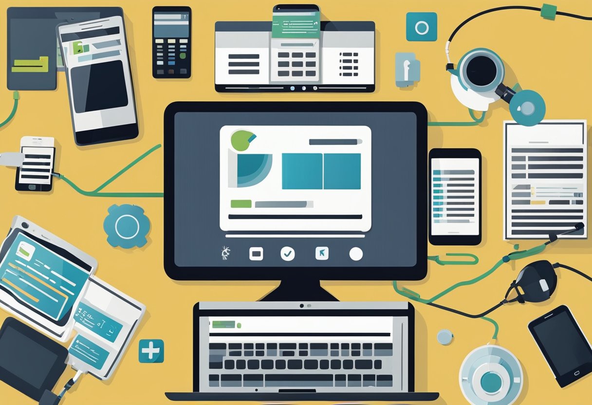 Uma ilustração simples e limpa de uma tela de computador ou smartphone exibindo o site ou aplicativo para se registrar para o auxílio permanente de R$1200