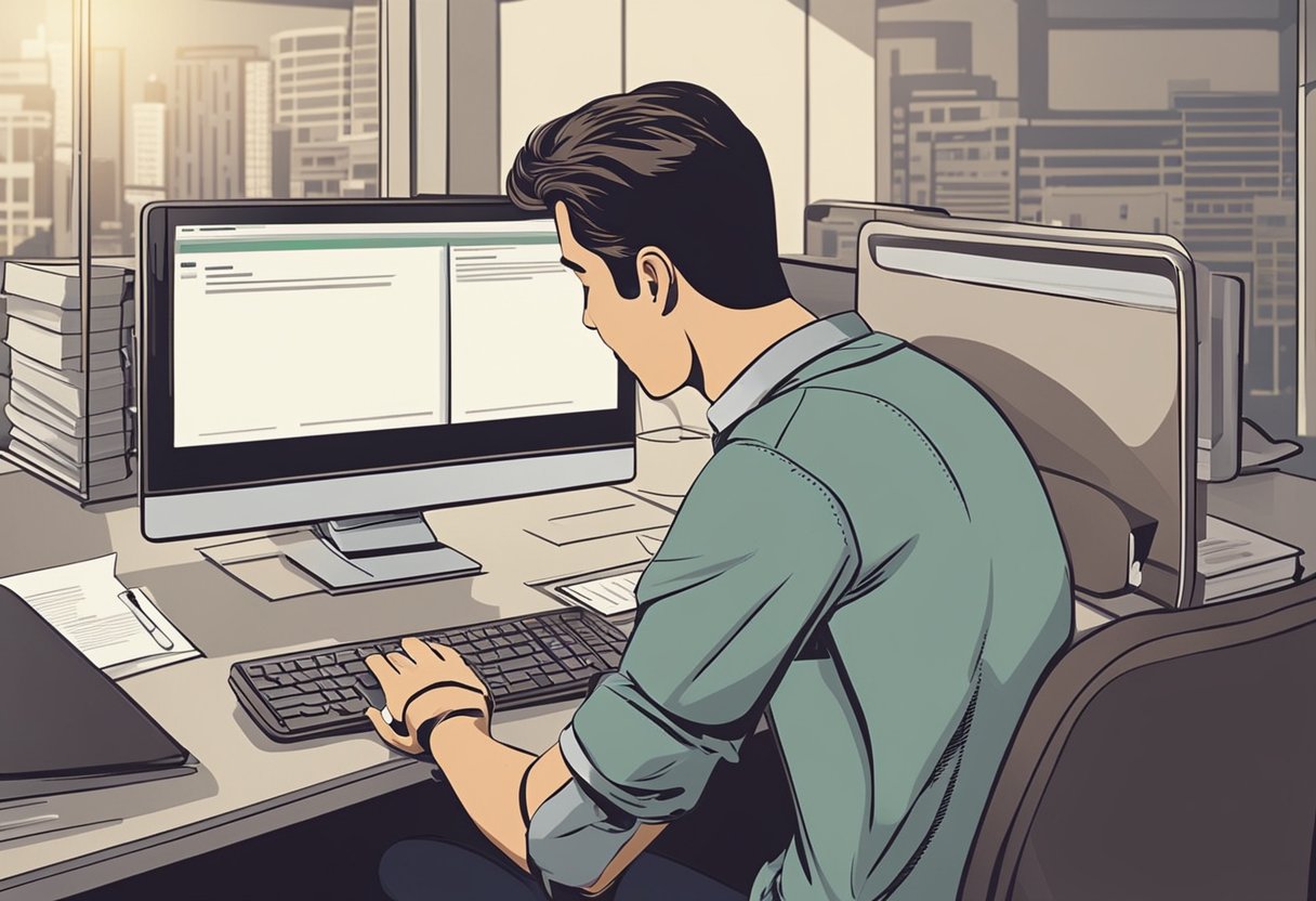 Uma pessoa sentada em uma mesa com um computador, preenchendo um formulário com informações pessoais para se registrar para assistência permanente de R$1200.