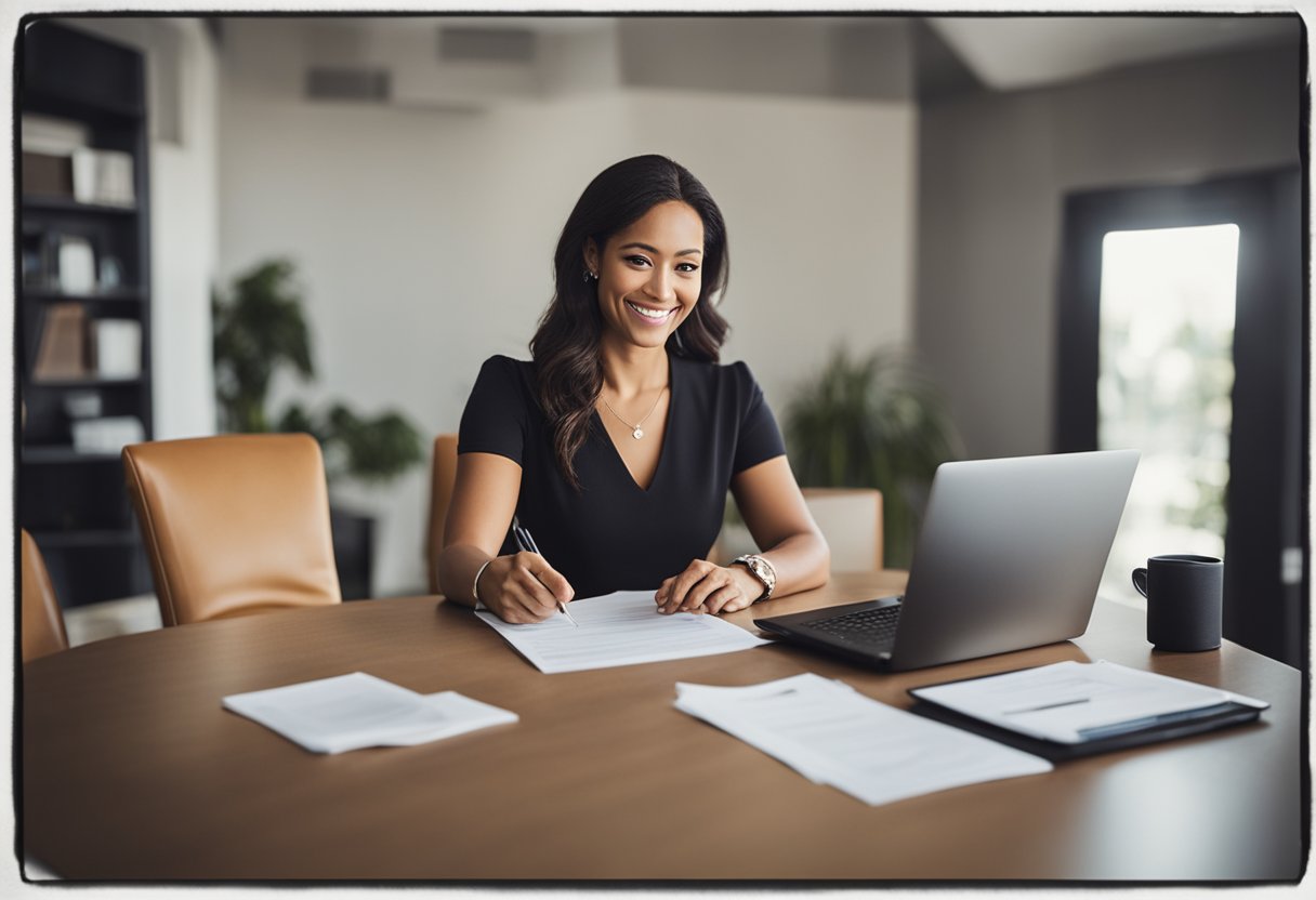 Uma mãe solteira recebendo assistência financeira aprovada, com documentação e uma figura de apoio ao fundo.