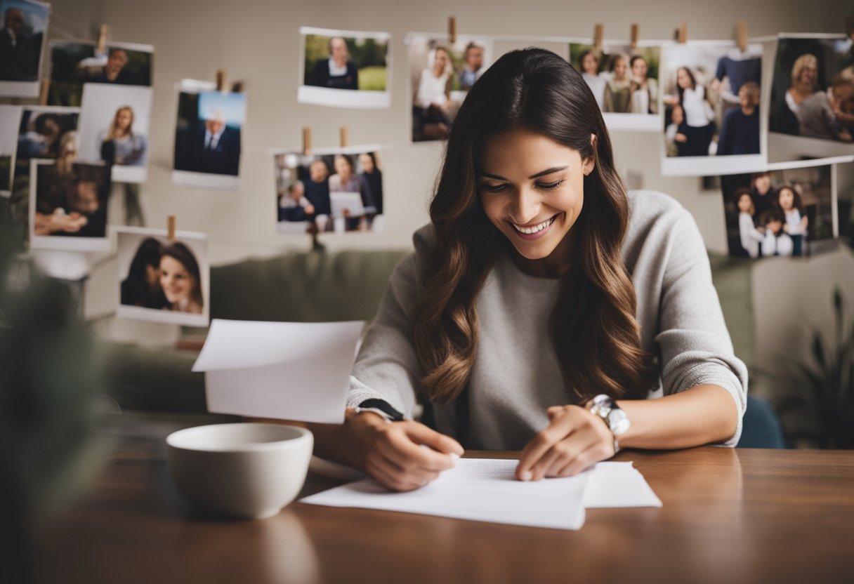 Uma mãe solteira recebe feliz uma carta de aprovação para assistência permanente, cercada por fotos de família que a apoiam e um sentimento de alívio.