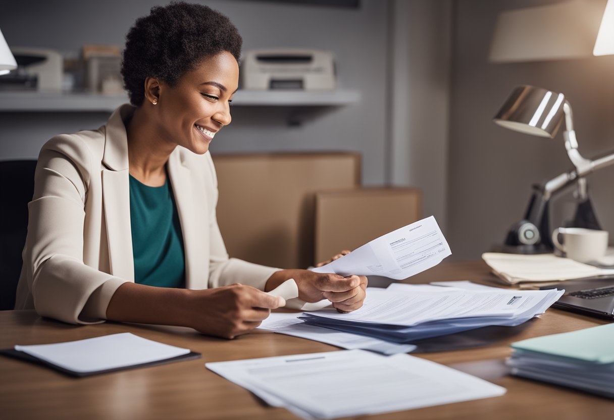 Uma mãe solteira recebendo aprovação para assistência permanente, cercada por papéis e documentos oficiais.