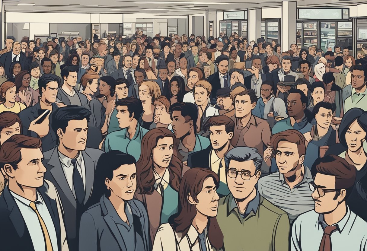 Um banco lotado com longas filas de clientes frustrados, alguns gesticulando com raiva para os caixas. A atmosfera é tensa e caótica.