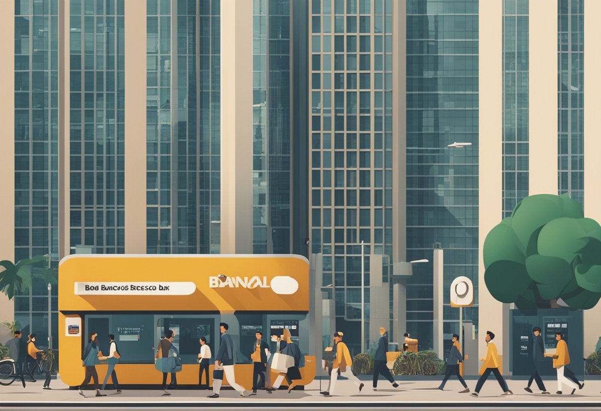 Uma rua movimentada da cidade com uma agência do Banco Daycoval e uma agência do Bradesco lado a lado, cercadas por pedestres ocupados e prédios altos.