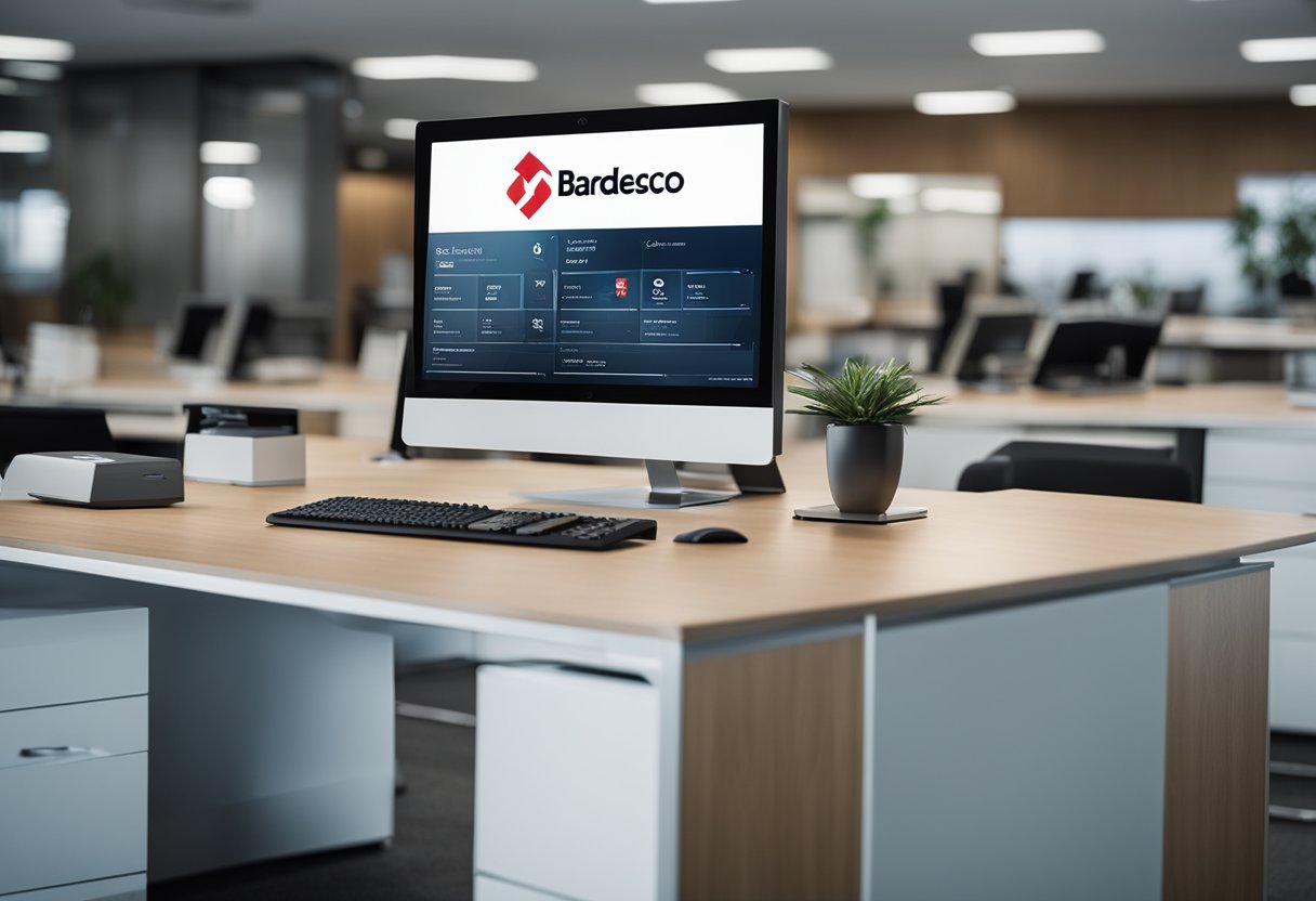Um ambiente de escritório moderno com os logotipos do Bradesco e do Banco Daycoval exibidos de forma proeminente em uma mesa elegante e com aparência profissional.