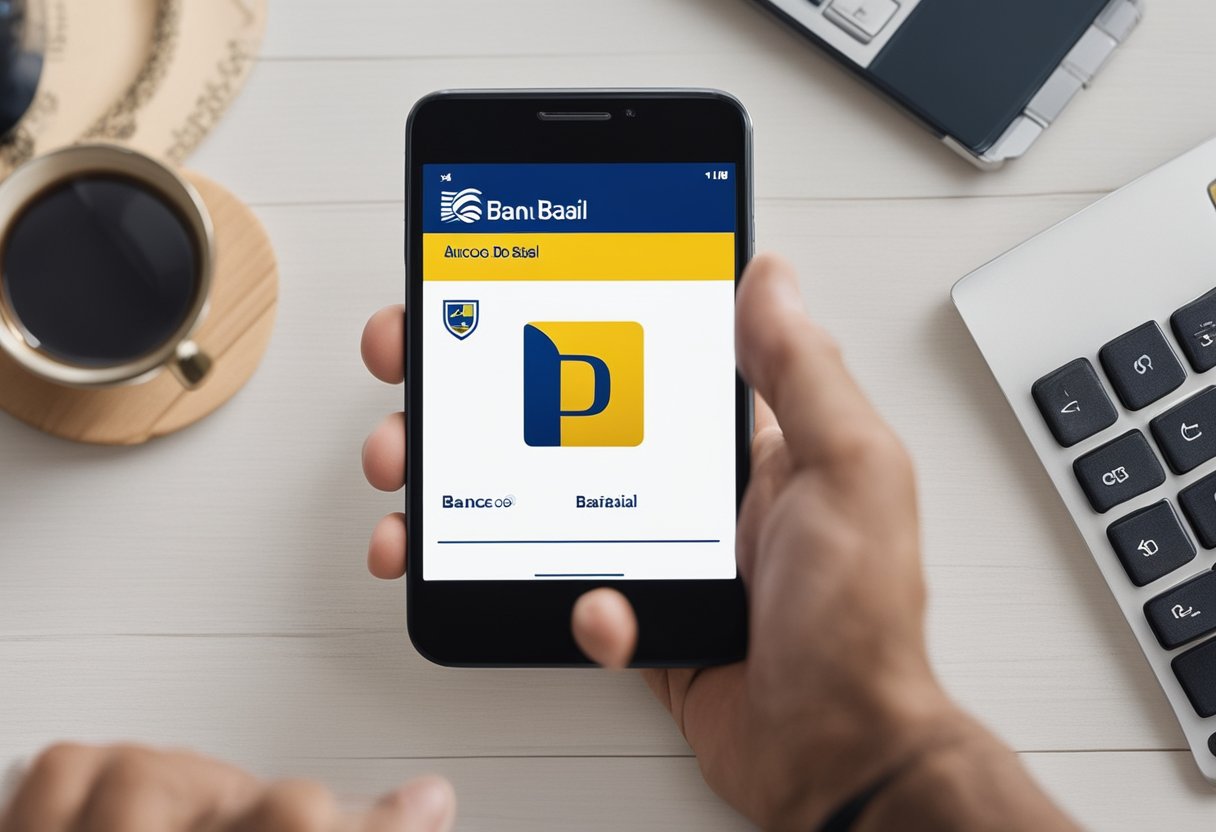 Uma pessoa usando um smartphone para abrir uma conta bancária digital no Banco do Brasil, com o logo do banco visível na interface do aplicativo.