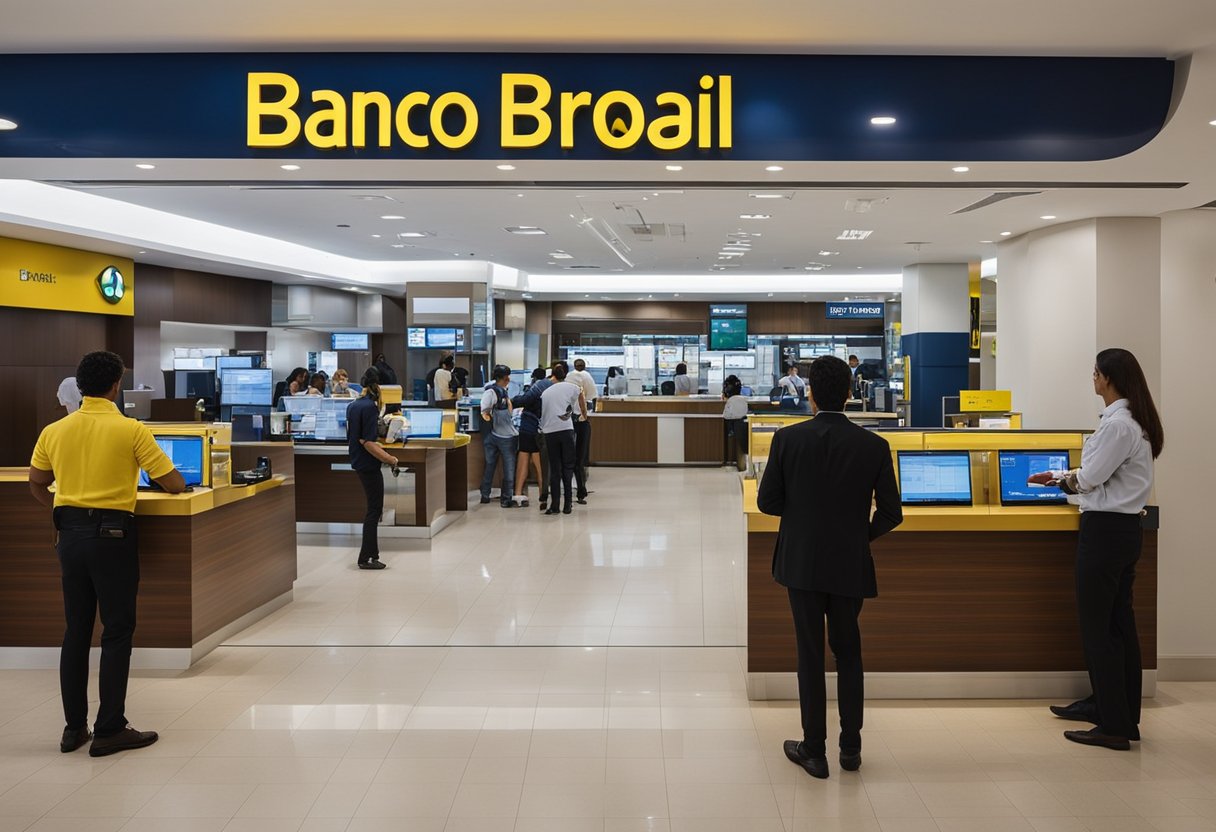 Uma movimentada agência do Banco do Brasil em Curitiba, com clientes nos guichês e funcionários auxiliando nas mesas.