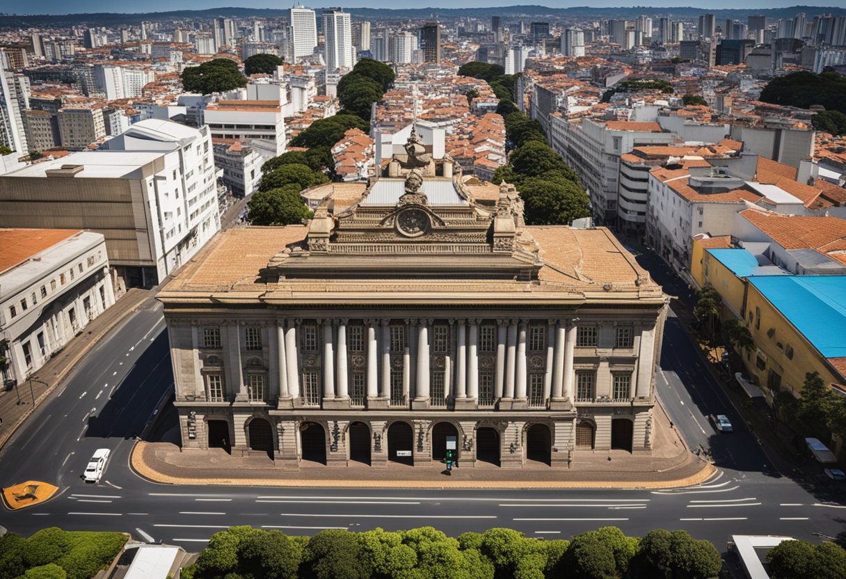 O histórico prédio do Banco do Brasil em Curitiba, com sua arquitetura grandiosa e detalhes ornamentados, se destaca contra o horizonte da cidade.