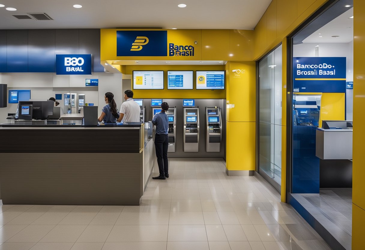 O Banco do Brasil em Curitiba oferece uma variedade de serviços, com os clientes realizando transações nos guichês e utilizando os caixas eletrônicos.
