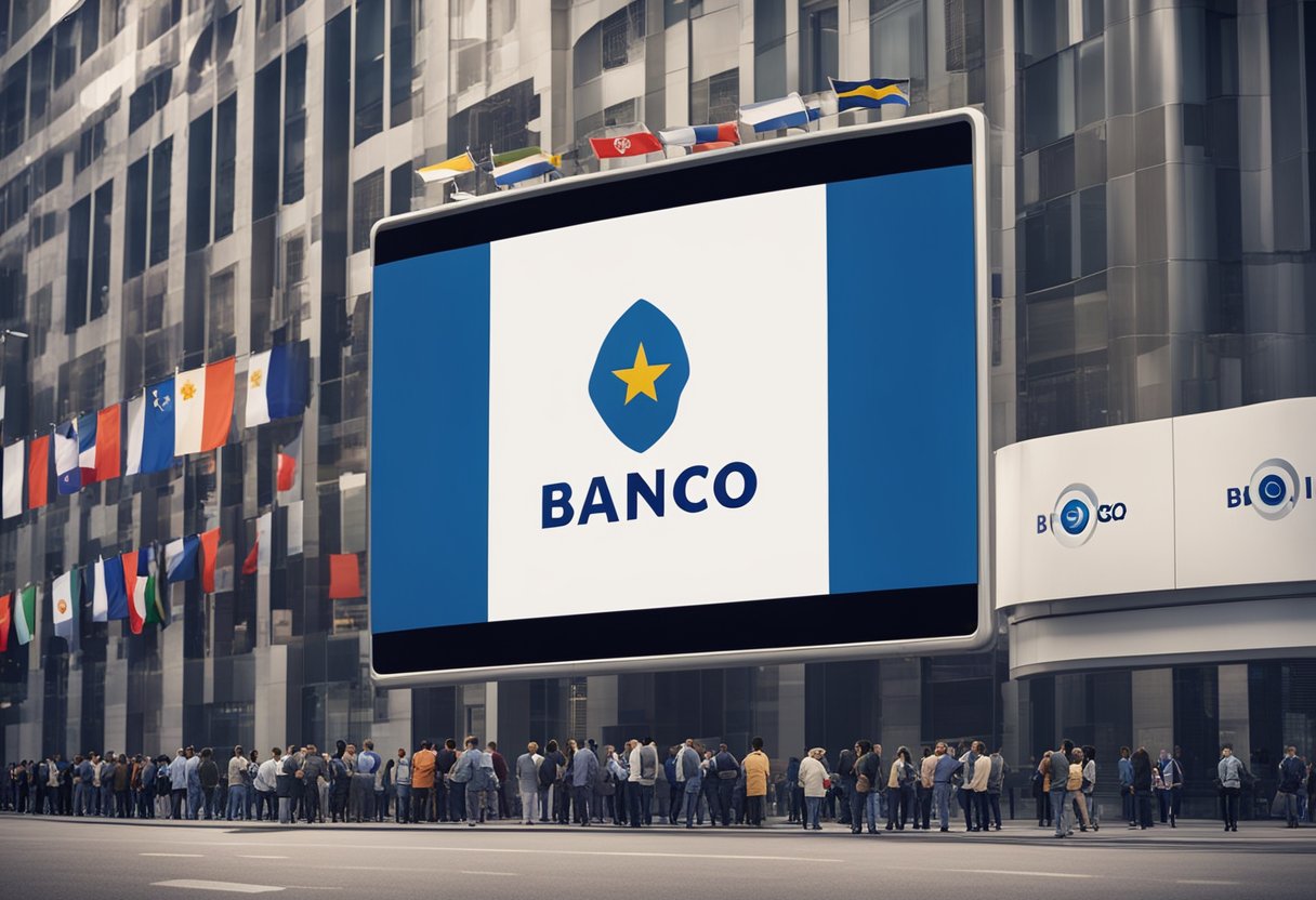 O logo do Banco Inter exibido em um outdoor digital, cercado por várias bandeiras estaduais, com uma fila de pessoas esperando para se candidatar a empregos.