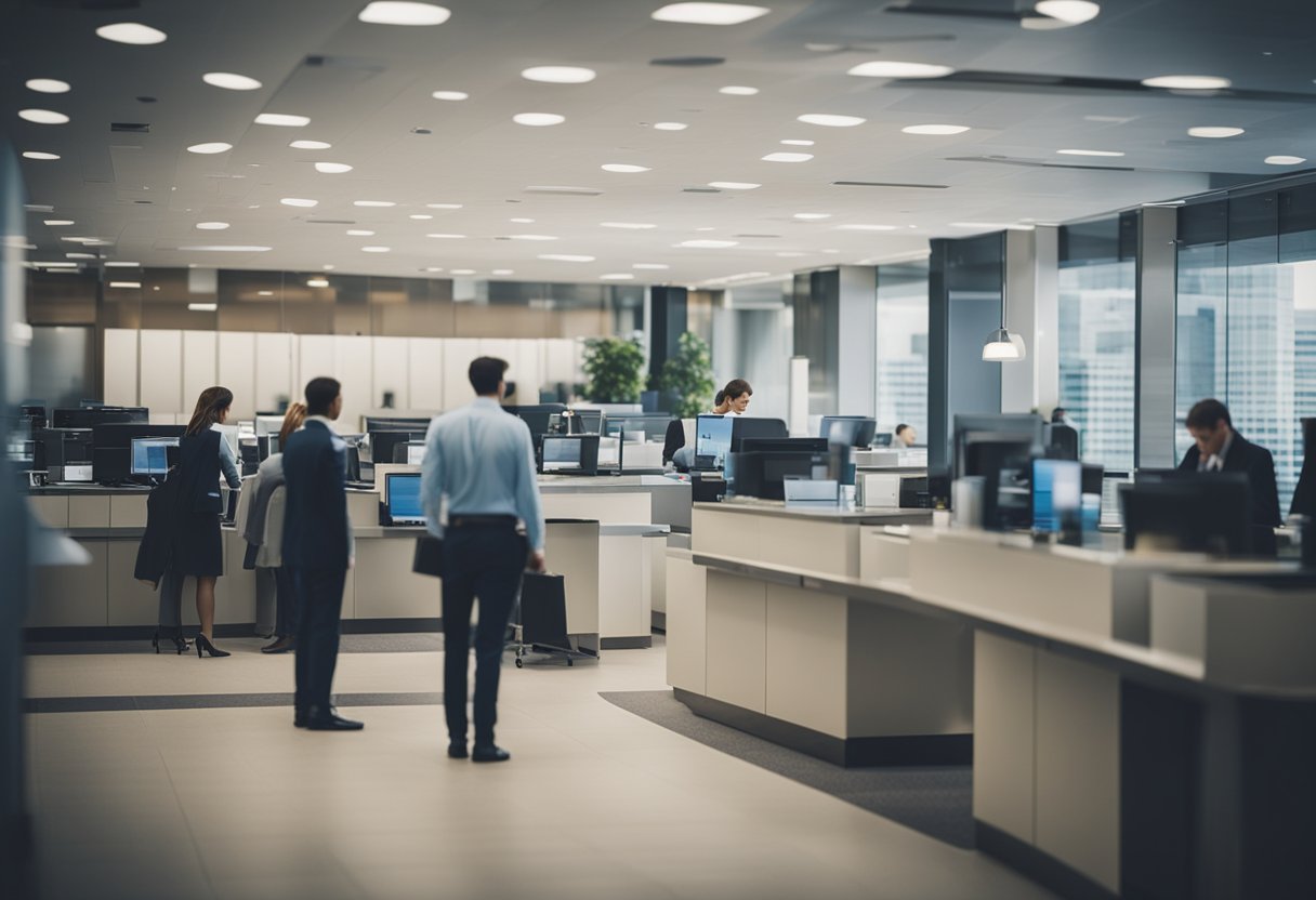 Um banco movimentado com vários candidatos a emprego em diferentes estados