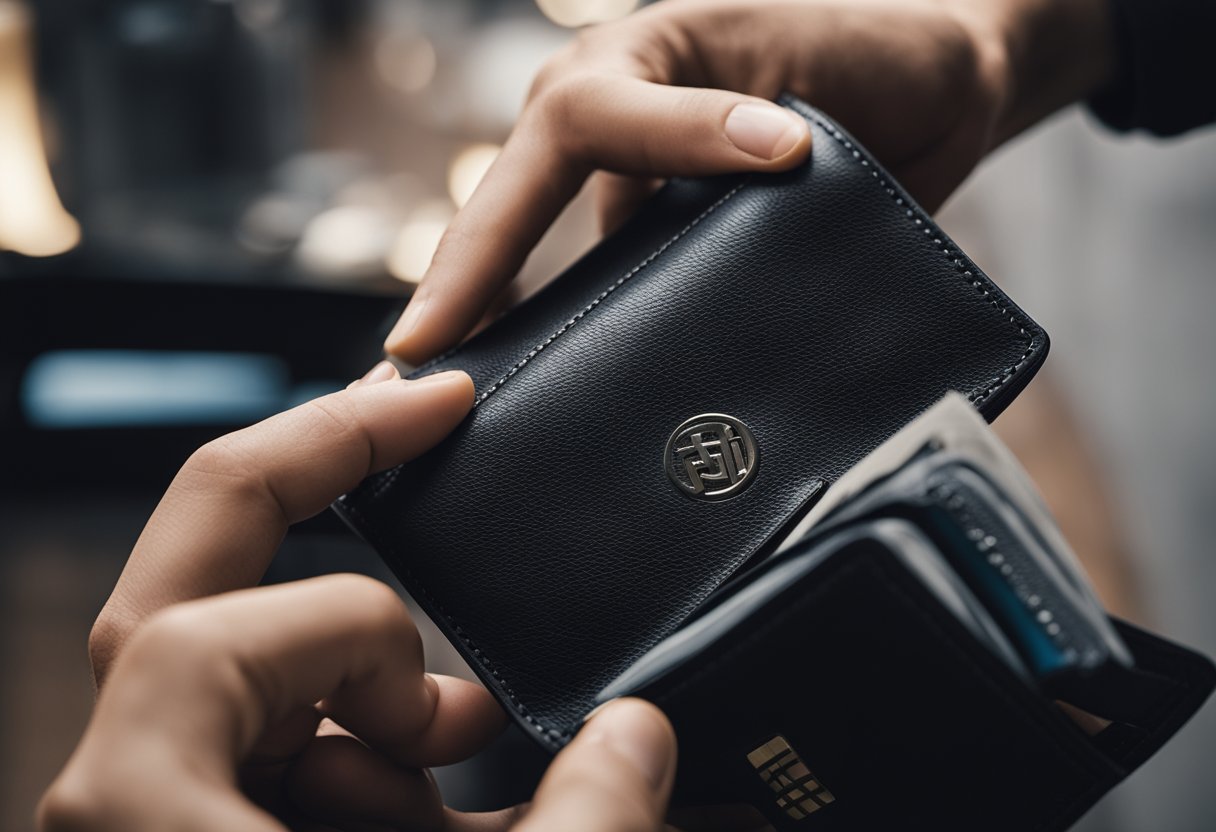 Uma mão alcançando uma carteira com um cartão bancário, enquanto um pequeno símbolo de taxa paira acima da carteira