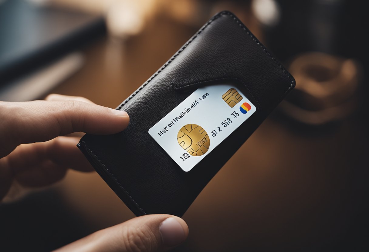 Uma mão alcançando uma carteira com um cartão bancário dentro, enquanto um pequeno símbolo de taxa paira nas proximidades
