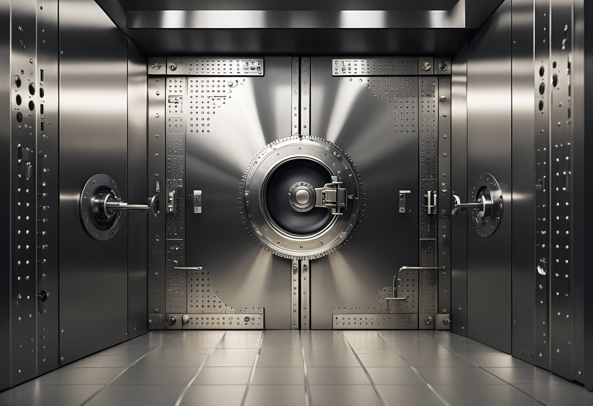 Um cofre bancário seguro com uma porta robusta e recursos de segurança avançados