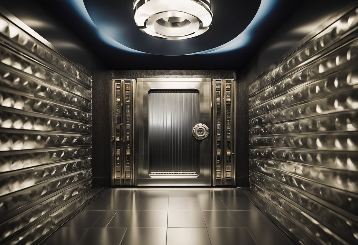 Um cofre bancário robusto com o logo do Banco Inter exibido de forma proeminente, cercado por uma sensação de segurança e confiança.