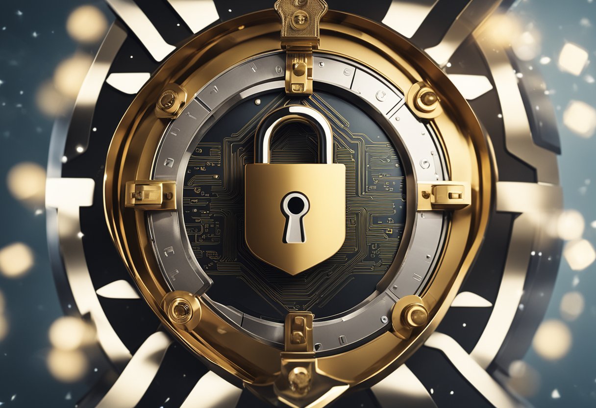 Uma cena de banco online seguro com um símbolo de cadeado, escudo e recursos de segurança digital