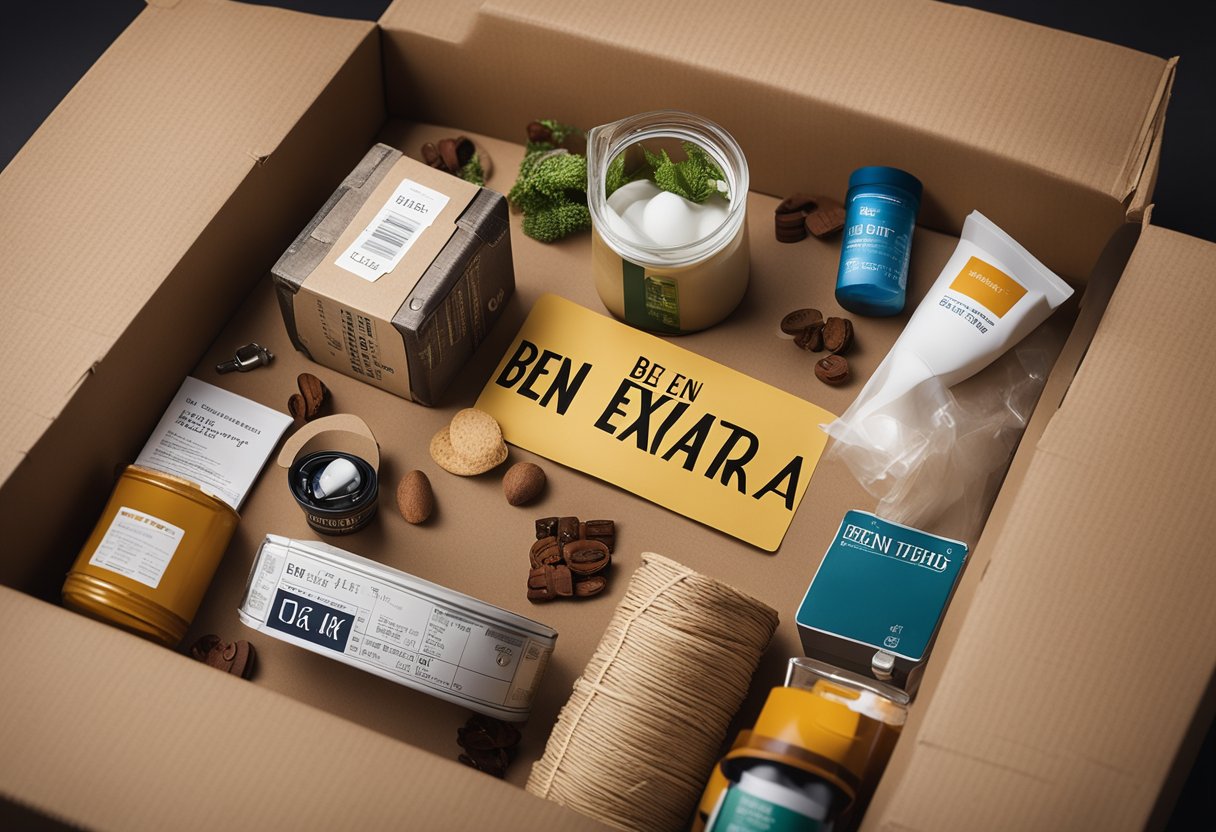 Uma caixa de papelão rotulada "Ben Extra" com vários itens transbordando.