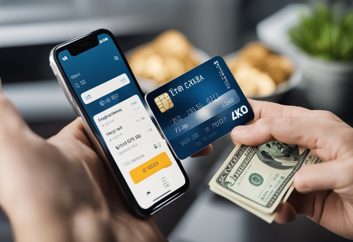 Uma pessoa segurando um smartphone com o aplicativo "Extra Caixa Tem" aberto, com uma pilha de dinheiro e um cartão de débito ao lado.