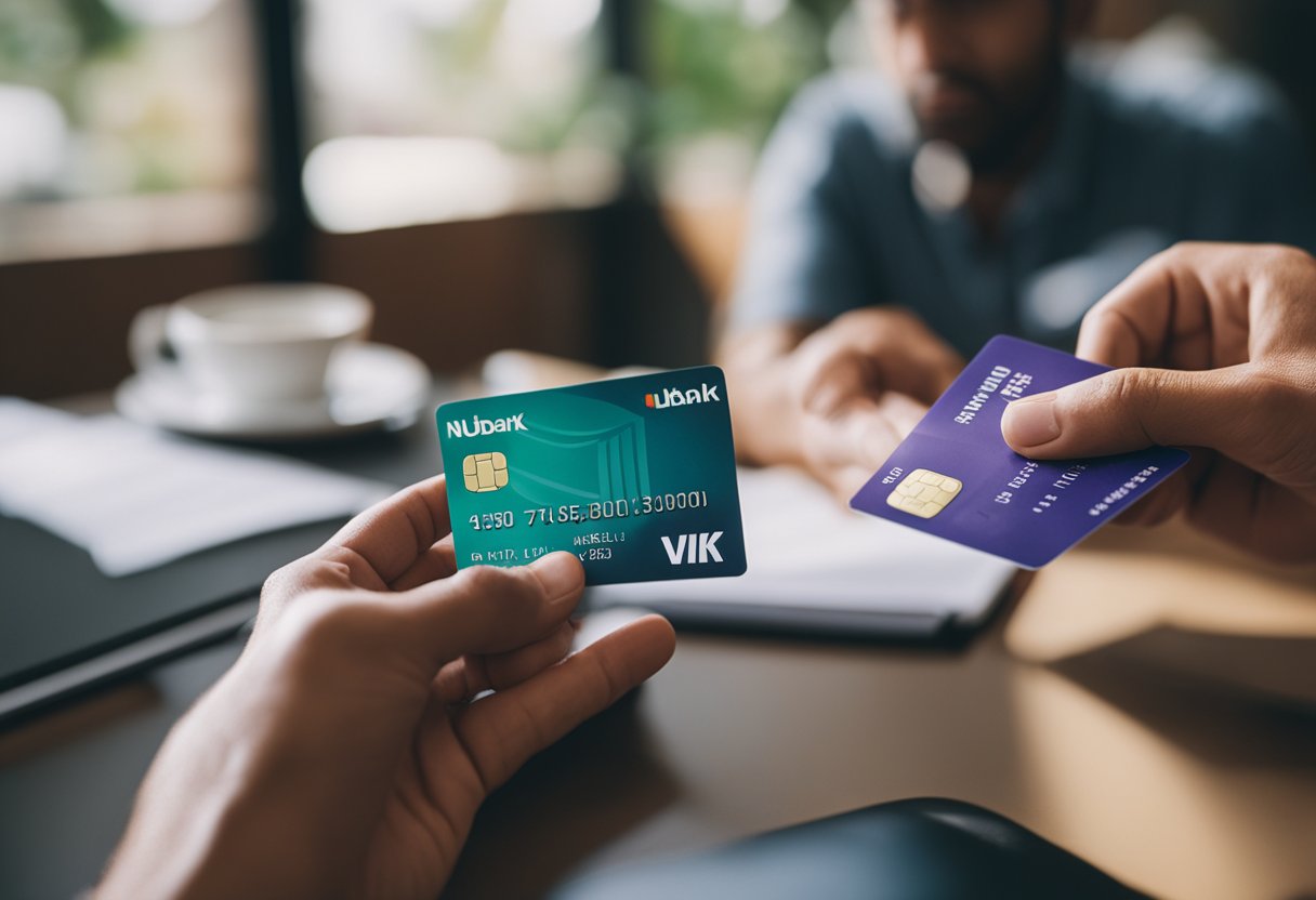 Uma pessoa recebendo auxílio financeiro no Brasil usando um cartão Nubank