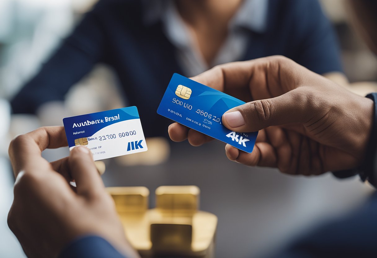 Uma pessoa recebendo o cartão do benefício Auxílio Brasil e um cartão Nubank, com um sorriso no rosto